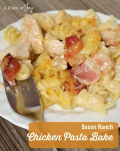 Bacon Ranch Chicken Pasta casserole -- A Pinch of Joy