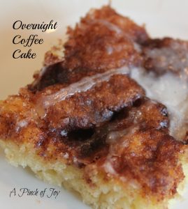 Overnight Cinnamon Coffee Cake -- A Pinch of Joy Spicy cinnamon sugar atop a light, fluffly sweet dough -- cinnamon rolls without the "roll" and fuss.