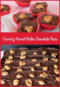 .Crunchy Peanut Butter Chocolate Bars topped with mini peanut butter hearts -- A Pinch of Joy