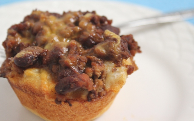 Chili and ground beef in a biscuit cup