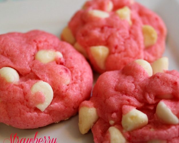 Strawberry Cake Mix Cookies with white chocolate chips