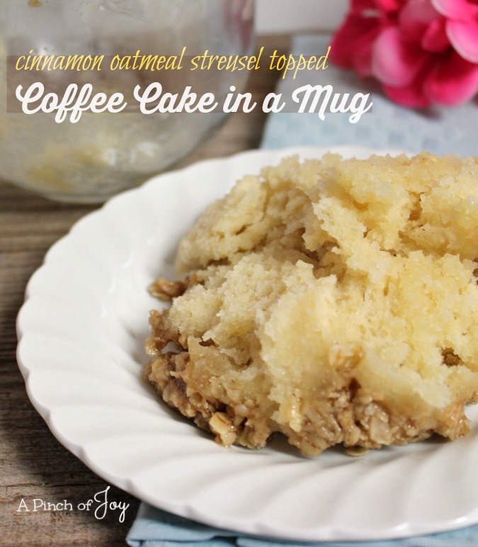 Coffee Cake in a Mug with cinnamon oatmeal struesel topping -- A Pinch of Joy