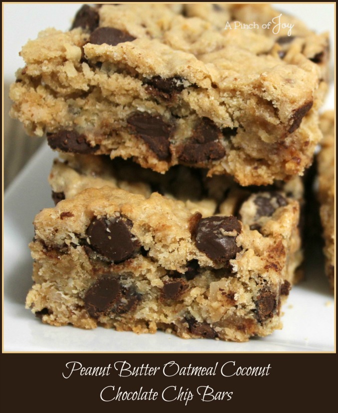 Peanut Butter Oatmeal Coconut Chocolate Chip Bars -- A Pinch of Joy