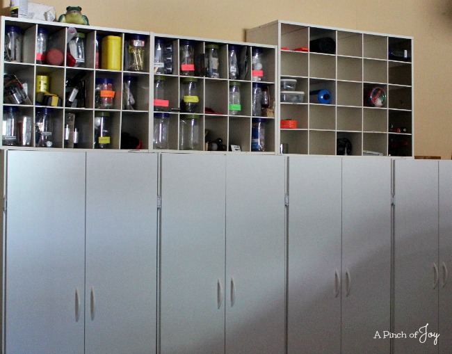 1Garage Storage 4 cabinets and some cubbies-- A Pinch of Joy