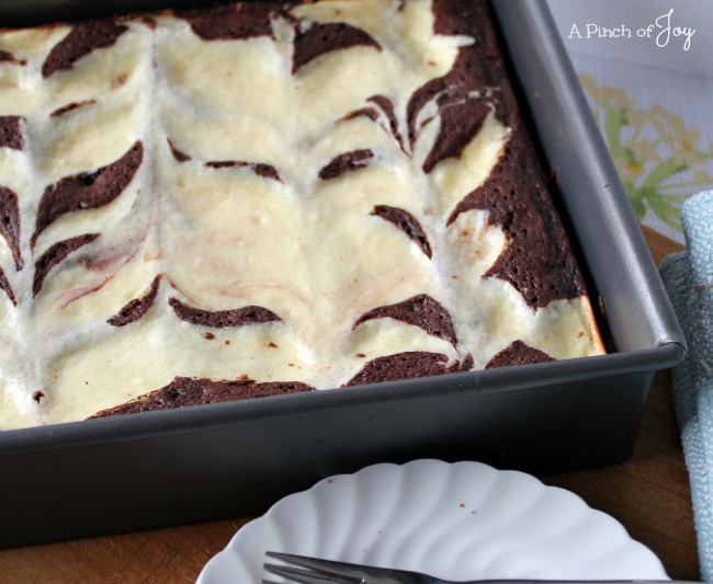 Cheesecake Brownies in the Pan -- A Pinch of Joy