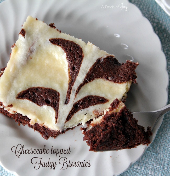 Cheesecake topped Fudgy Brownie -- A Pinch of Joy