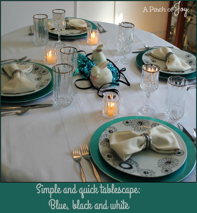 Simple and quick tablescape Blue, black and white -- A Pinch of Joy  Making a dinner special when life is busy, busy