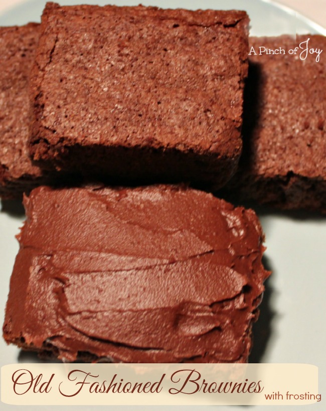 Old Fashioned Brownies with frosting -- A Pinch of Joy