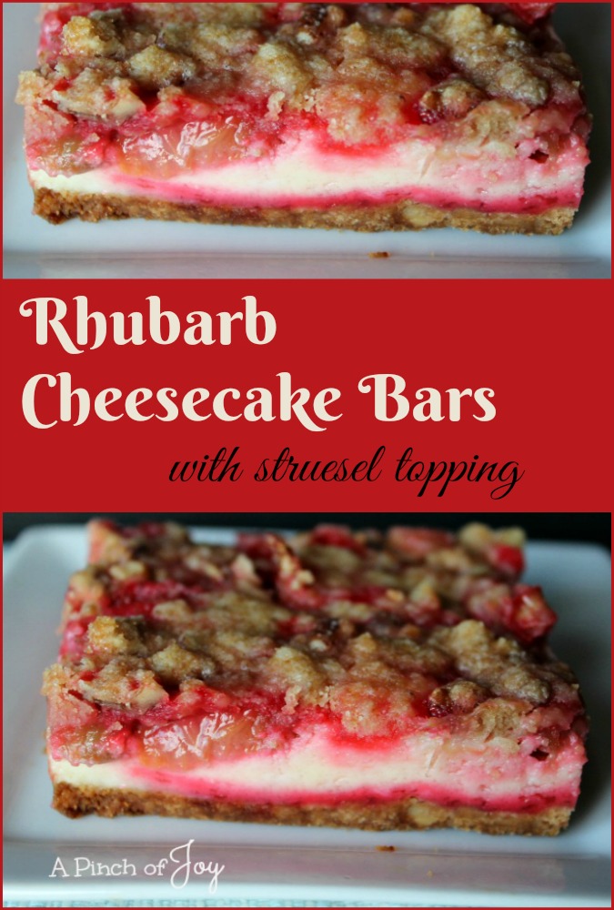 .Rhubarb Cheesecake Bars with struesel topping -- A Pinch of Joy