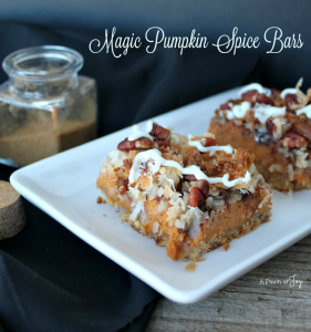 Magic Pumpkin Spice Bars -- A Pinch of Joy A fall favorite atop a vanilla wafer crust and garnished with coconut, pecans and white chocolate. Yum