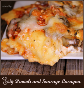 Easy Ravioli and Sausage Lasagna -- A Pinch of Joy Cheesy, flavorful Baked Ravioli Lasagna is busy day casserole that is deliciously filling.