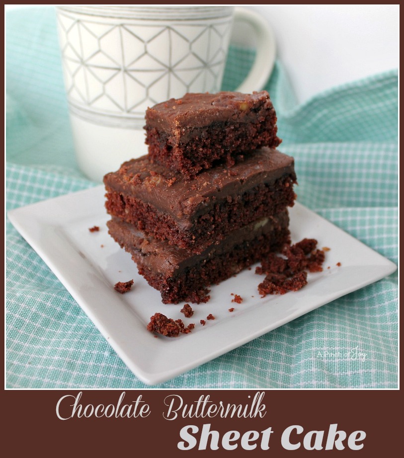 .Chocolate Buttermilk Sheet Cake -- A Pinch of Joy #QuickEasy Dense moist cake with the slight tang of buttermilk topped with fudgy rich frosting. Ready in 30 minutes. 